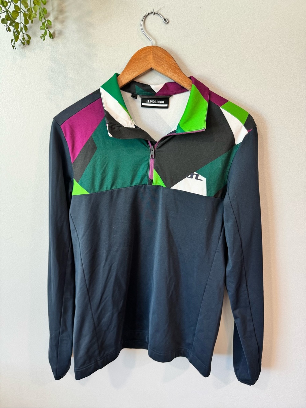 J.Lindeberg Black 1/4 Zip Pullover with Green and Purple Accents Sz.M